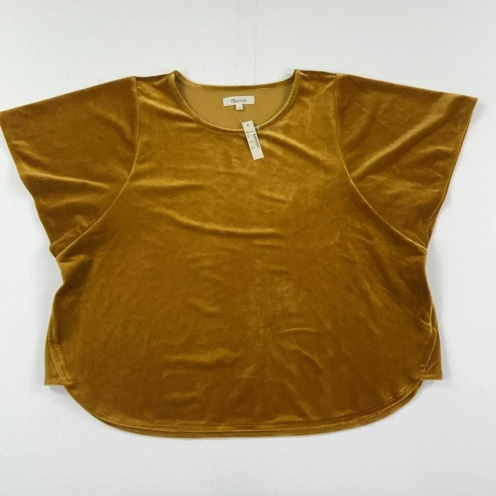 Madewell Blouse Womens L Gold Velvet Crew Neck Short Sleeve Stretch Dolman Top